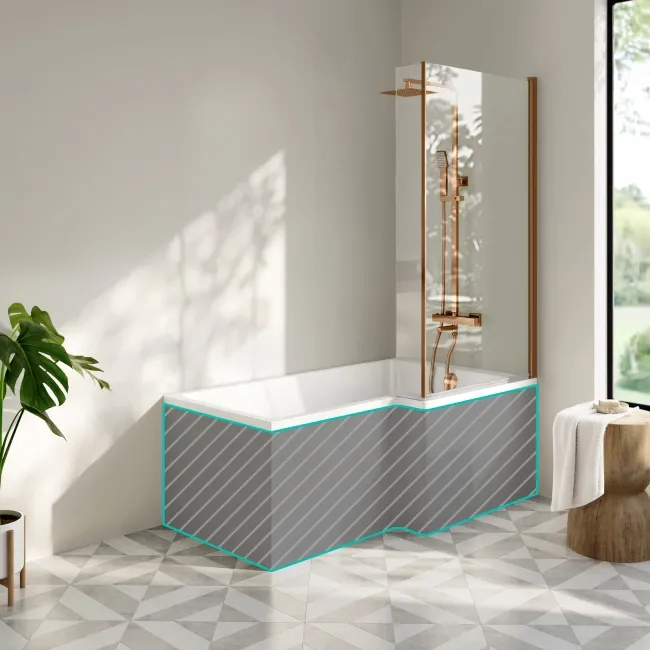 Brixton L Shaped 1500 Shower Bath & 6mm Brushed Copper Easy Clean Screen - Right Handed