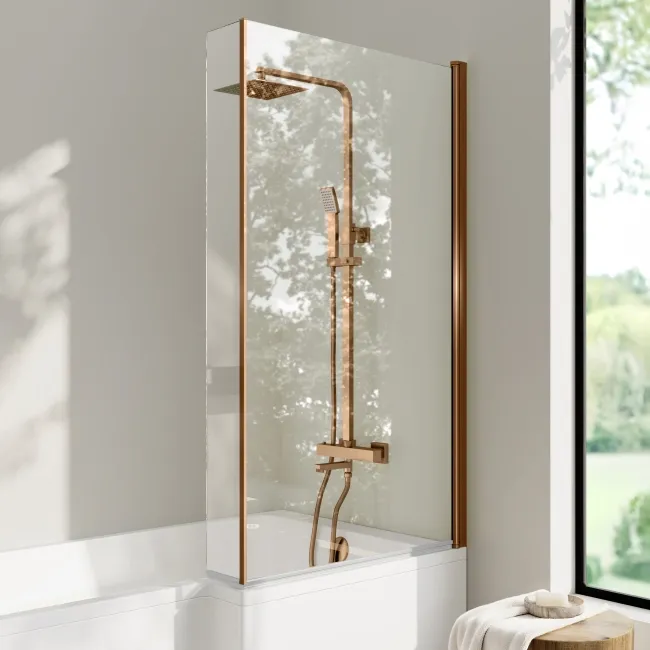 Brixton L Shaped 1500 Shower Bath & 6mm Brushed Copper Easy Clean Screen - Right Handed