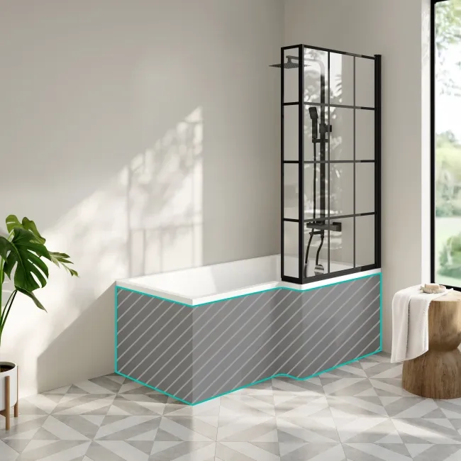 Brixton L Shaped 1500 Shower Bath & 6mm Easy Clean Matt Black Grid Bath Screen - Right Handed