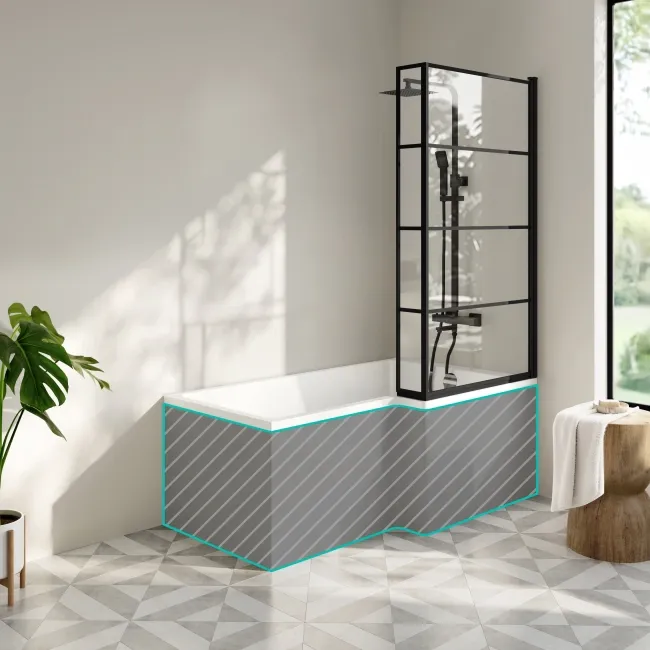 Brixton L Shaped 1500 Shower Bath & 6mm Easy Clean Matt Black Grid Bath Screen - Right Handed