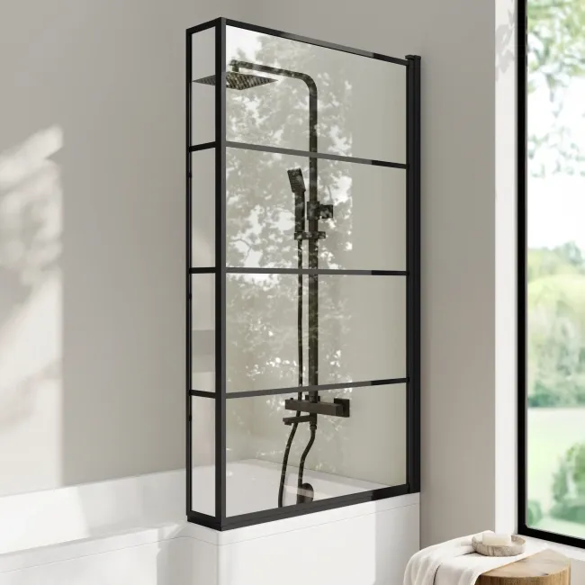 Brixton L Shaped 1500 Shower Bath & 6mm Easy Clean Matt Black Grid Bath Screen - Right Handed