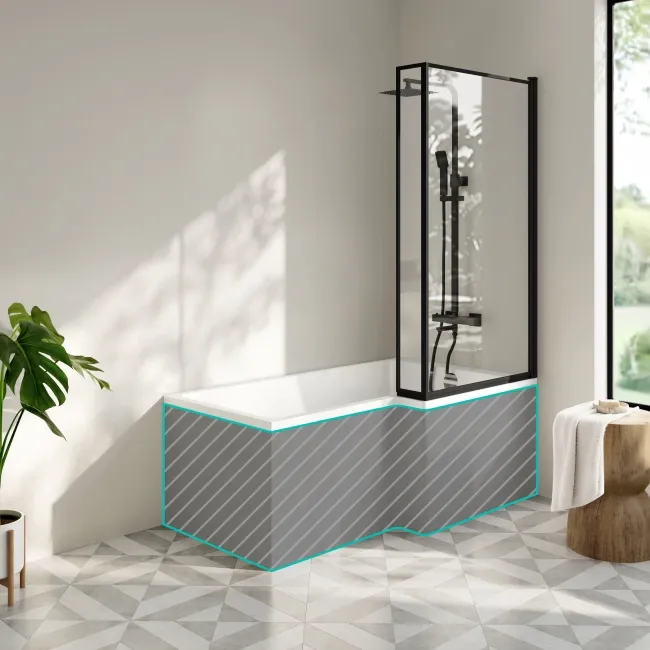 Brixton L Shaped 1500 Shower Bath & 6mm Easy Clean Matt Black Framed Bath Screen - Right Handed