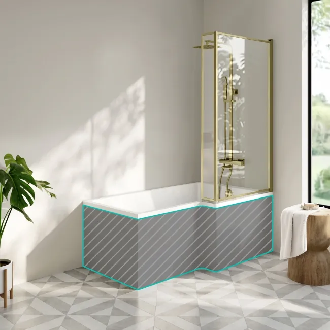 Brixton L Shaped 1500 Shower Bath & 6mm Easy Clean Brushed Brass Framed Bath Screen - Right Handed