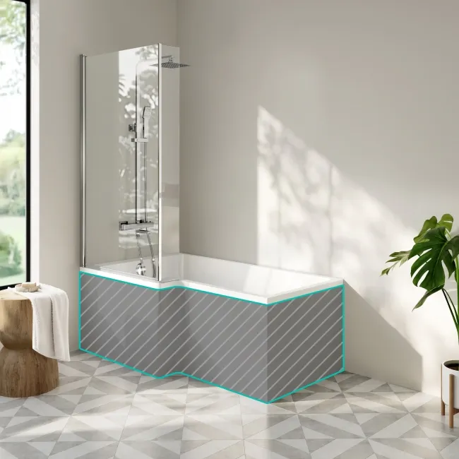 Brixton L Shaped 1600 Shower Bath & 6mm Chrome Easy Clean Screen - Left Handed