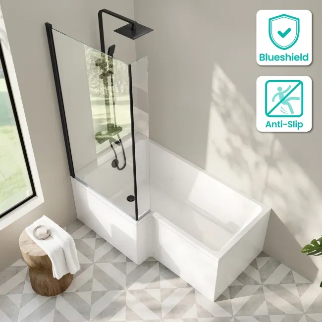 Brixton L Shaped 1600 Shower Bath & 6mm Matt Black Easy Clean Screen - Left Handed