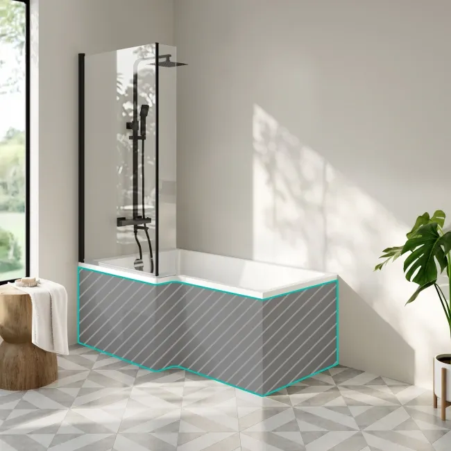 Brixton L Shaped 1600 Shower Bath & 6mm Matt Black Easy Clean Screen - Left Handed