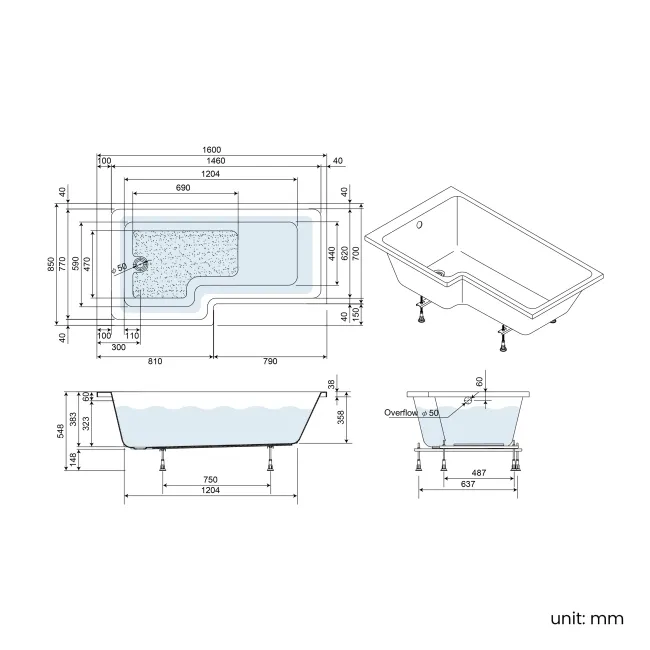 Brixton L Shaped 1600 Shower Bath & 6mm Matt Black Easy Clean Screen - Left Handed