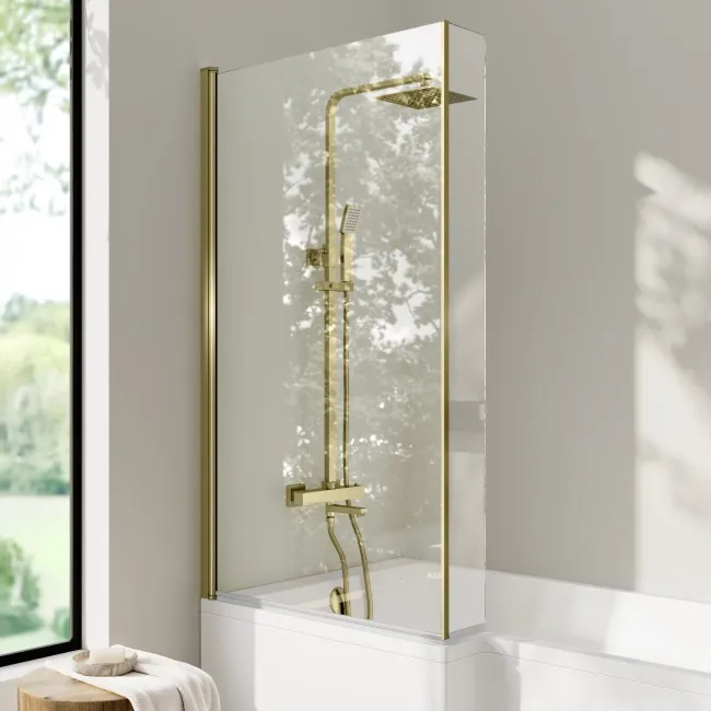 Brixton L Shaped 1600 Shower Bath & 6mm Brushed Brass Easy Clean Screen - Left Handed