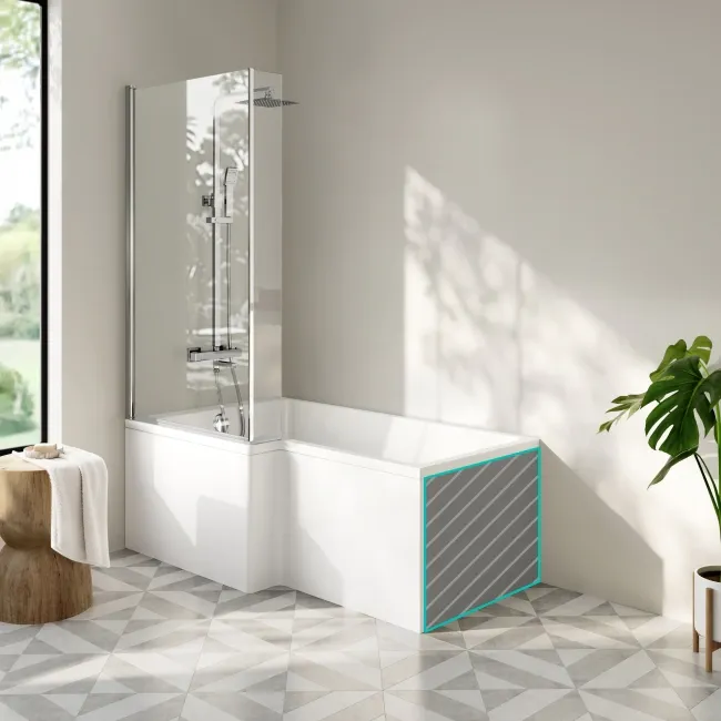 Brixton L Shaped 1500 Shower Bath with Front Panel & 6mm Chrome Easy Clean Screen - Left Handed