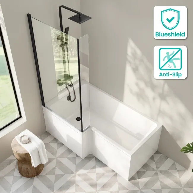 Brixton L Shaped 1500 Shower Bath with Front Panel & 6mm Matt Black Easy Clean Screen - Left Handed