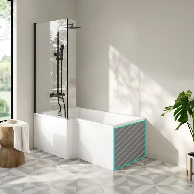 Brixton L Shaped 1500 Shower Bath with Front Panel & 6mm Matt Black Easy Clean Screen - Left Handed