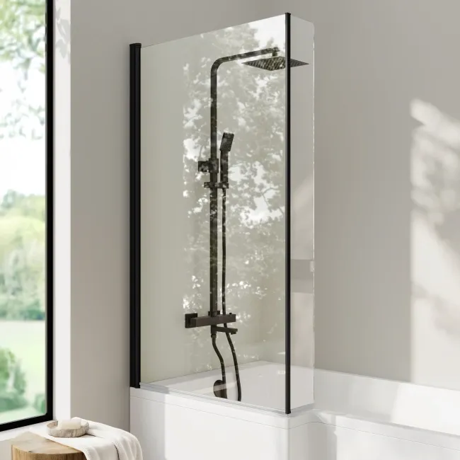Brixton L Shaped 1500 Shower Bath with Front Panel & 6mm Matt Black Easy Clean Screen - Left Handed