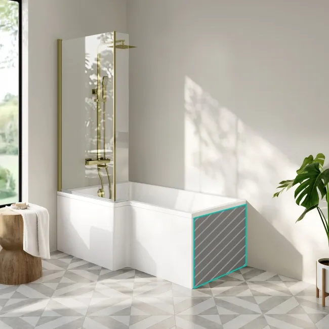 Brixton L Shaped 1500 Shower Bath with Front Panel & 6mm Brushed Brass Easy Clean Screen - Left Handed