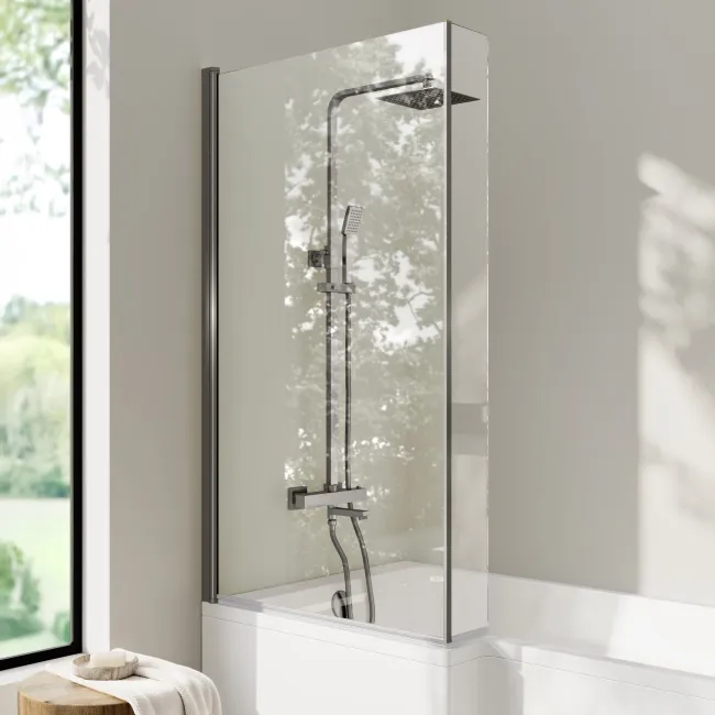 Brixton L Shaped 1500 Shower Bath with Front Panel & 6mm Brushed Gunmetal Easy Clean Screen - Left Handed