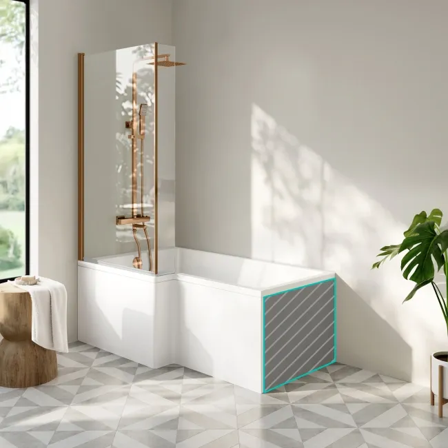 Brixton L Shaped 1500 Shower Bath with Front Panel & 6mm Brushed Copper Easy Clean Screen - Left Handed