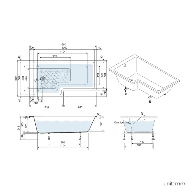 Brixton L Shaped 1500 Shower Bath with Front Panel & 6mm Brushed Copper Easy Clean Screen - Left Handed