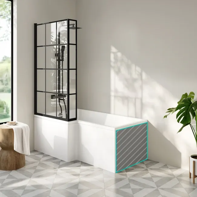 Brixton L Shaped 1500 Shower Bath with Front Panel & 6mm Easy Clean Matt Black Grid Bath Screen - Left Handed