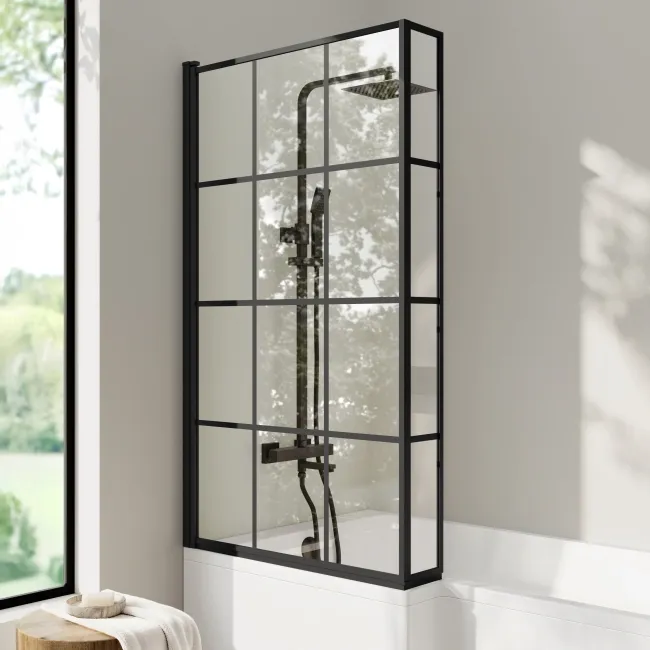 Brixton L Shaped 1500 Shower Bath with Front Panel & 6mm Easy Clean Matt Black Grid Bath Screen - Left Handed