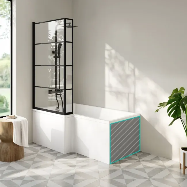 Brixton L Shaped 1500 Shower Bath with Front Panel & 6mm Easy Clean Matt Black Grid Bath Screen - Left Handed