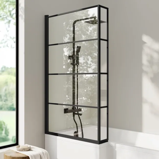 Brixton L Shaped 1500 Shower Bath with Front Panel & 6mm Easy Clean Matt Black Grid Bath Screen - Left Handed