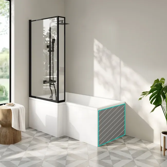 Brixton L Shaped 1500 Shower Bath with Front Panel & 6mm Easy Clean Matt Black Framed Bath Screen - Left Handed