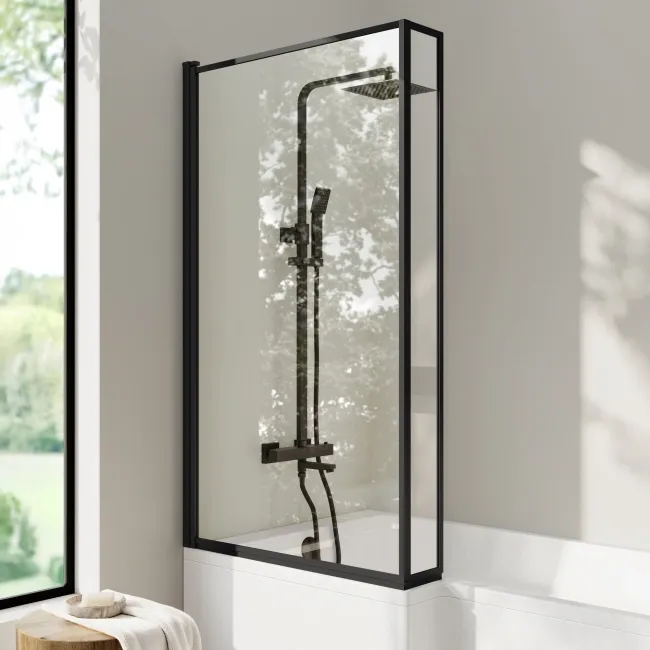 Brixton L Shaped 1500 Shower Bath with Front Panel & 6mm Easy Clean Matt Black Framed Bath Screen - Left Handed