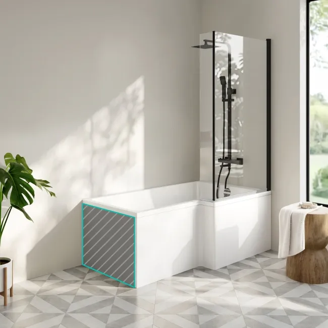 Brixton L Shaped 1500 Shower Bath with Front Panel & 6mm Matt Black Easy Clean Screen - Right Handed