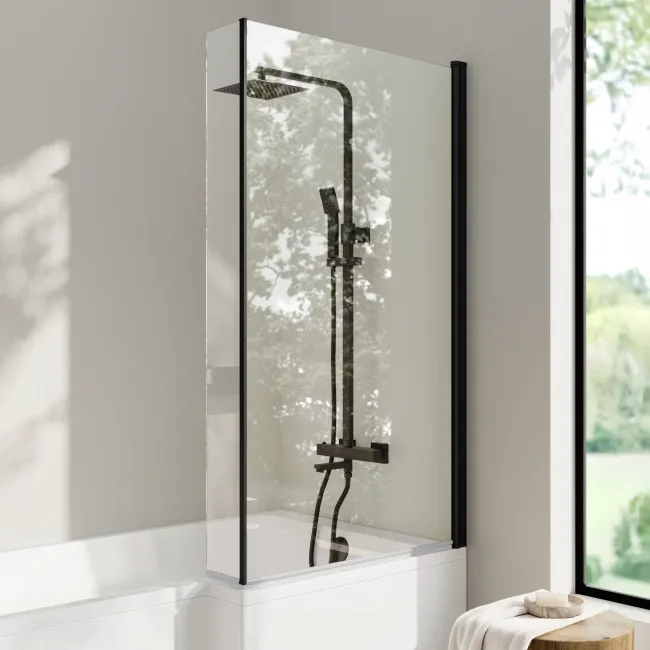 Brixton L Shaped 1500 Shower Bath with Front Panel & 6mm Matt Black Easy Clean Screen - Right Handed