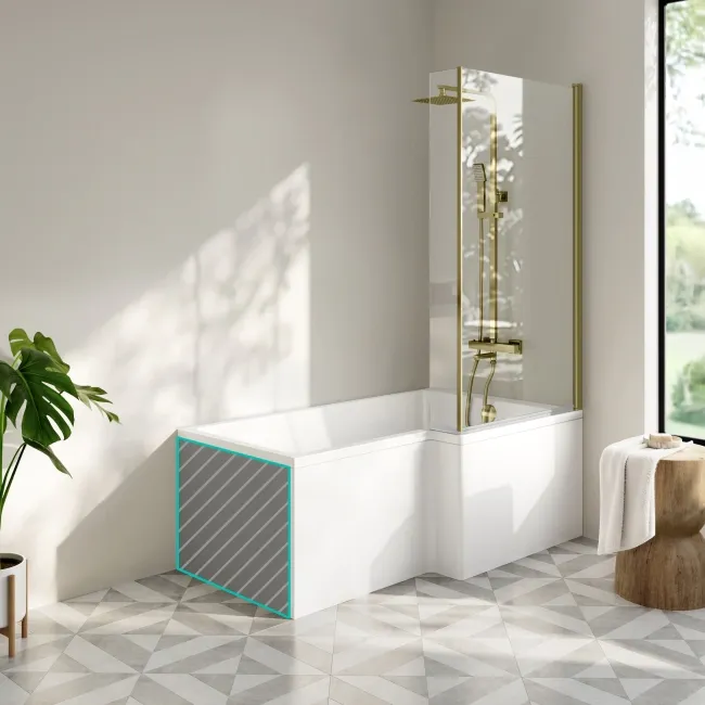 Brixton L Shaped 1500 Shower Bath with Front Panel & 6mm Brushed Brass Easy Clean Screen - Right Handed