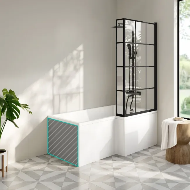 Brixton L Shaped 1500 Shower Bath with Front Panel & 6mm Easy Clean Matt Black Grid Bath Screen - Right Handed