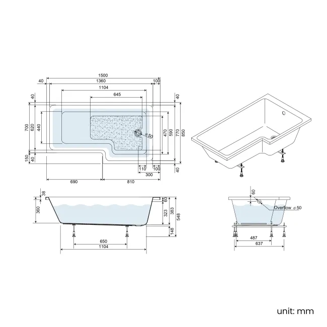 Brixton L Shaped 1500 Shower Bath with Front Panel & 6mm Easy Clean Matt Black Grid Bath Screen - Right Handed