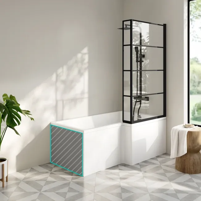 Brixton L Shaped 1500 Shower Bath with Front Panel & 6mm Easy Clean Matt Black Grid Bath Screen - Right Handed