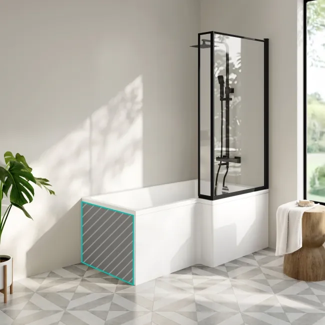 Brixton L Shaped 1500 Shower Bath with Front Panel & 6mm Easy Clean Matt Black Framed Bath Screen - Right Handed