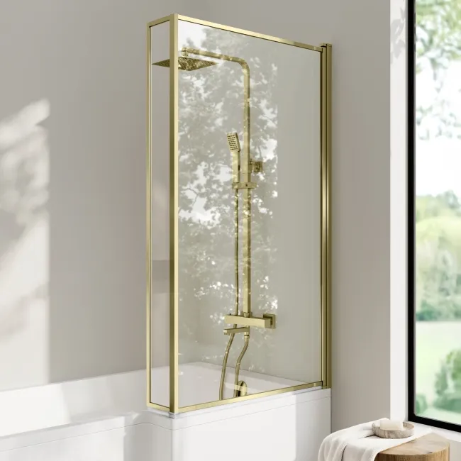 Brixton L Shaped 1500 Shower Bath with Front Panel & 6mm Easy Clean Brushed Brass Framed Bath Screen - Right Handed