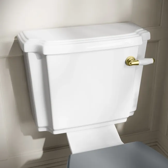 Hudson Traditional Close Coupled Toilet With Dove Grey Wooden Seat - Brushed Brass Lever