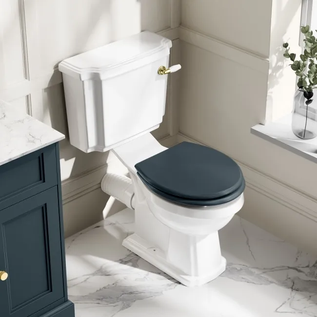 Hudson Traditional Close Coupled Toilet With Inky Blue Wooden Seat - Brushed Brass Lever