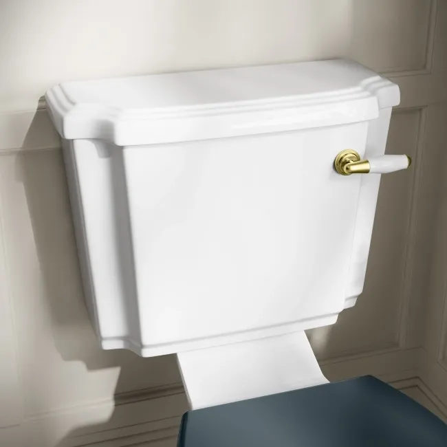 Hudson Traditional Close Coupled Toilet With Inky Blue Wooden Seat - Brushed Brass Lever