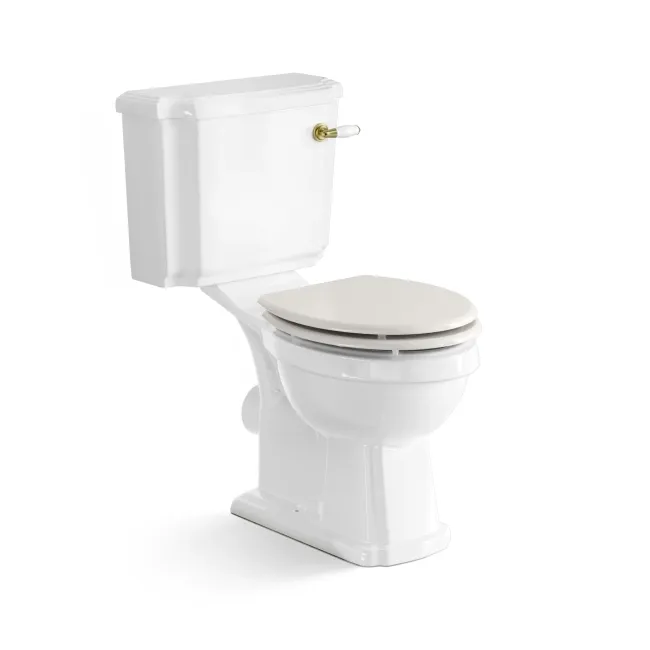 Hudson Traditional Close Coupled Toilet With Cotton White Wooden Seat - Brushed Brass Lever