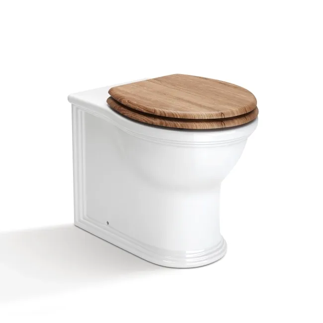 Alma Traditional Rimless Back To Wall Toilet With Oak Effect Wooden Soft Close Seat - Brushed Brass Hinges