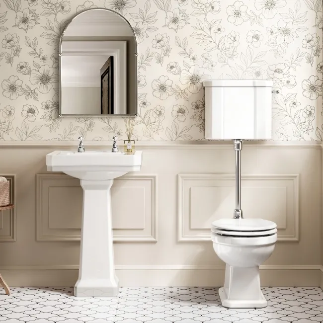 Enid Traditional Low-Level Toilet With Gloss White Wooden Seat & Pedestal Basin - Double Tap Hole