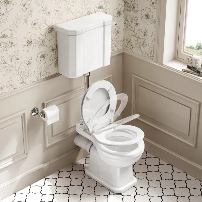 Enid Traditional Low-Level Toilet With Gloss White Wooden Seat & Pedestal Basin - Double Tap Hole