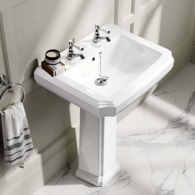 Hudson Traditional High-Level Toilet With Midnight Green Seat & Pedestal Basin - Double Tap Hole