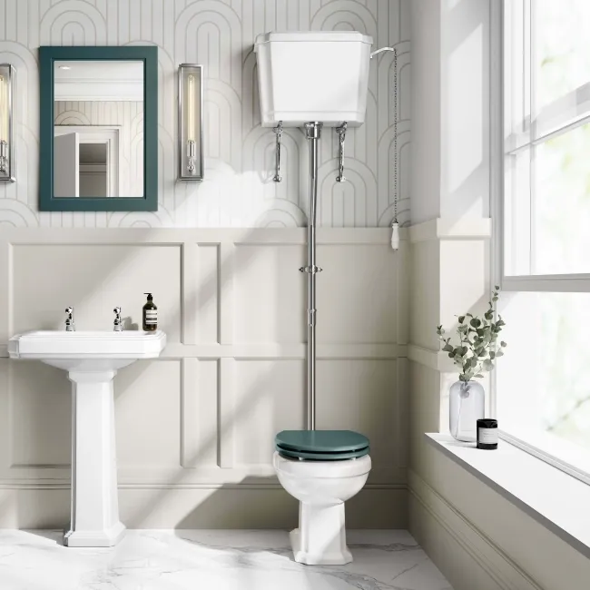 Hudson Traditional High-Level Toilet With Midnight Green Seat & Pedestal Basin - Double Tap Hole