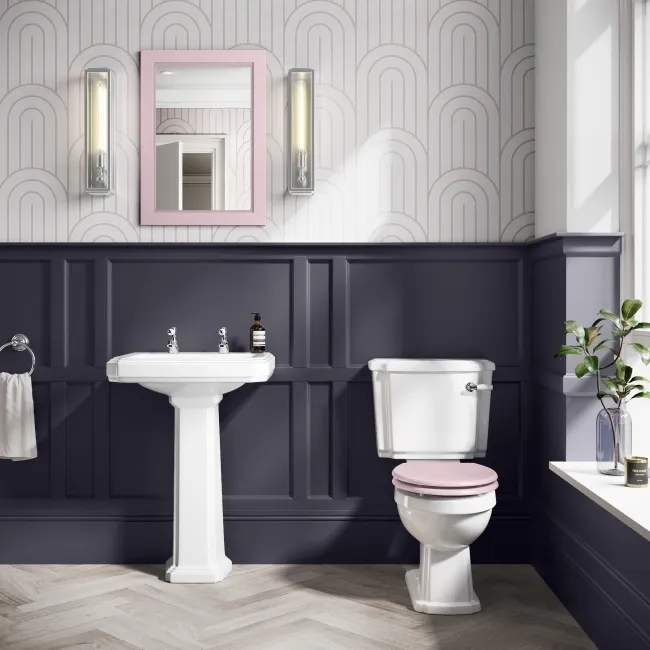 Hudson Traditional Toilet With Cashmere Pink Seat & Pedestal Basin Set - Double Tap Hole