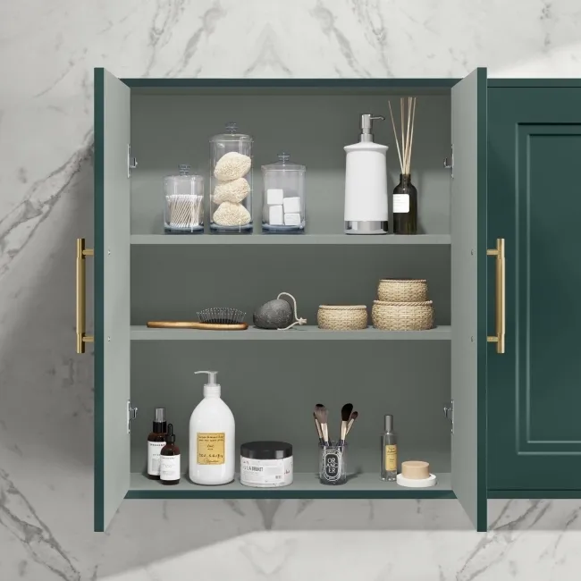 Midnight Green Wall Hung Cabinet 700x600mm - Brass Knurled Handles