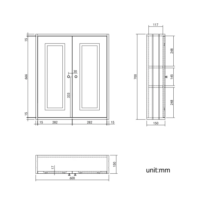 Dove Grey Wall Hung Cabinet 700x600mm - Brushed Brass Accents