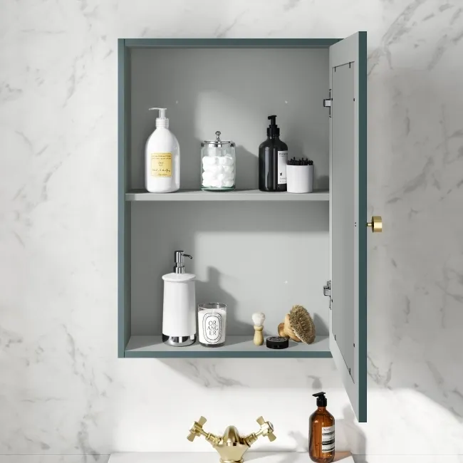 Midnight Green Mirror Cabinet 700x500mm - Brushed Brass Accents
