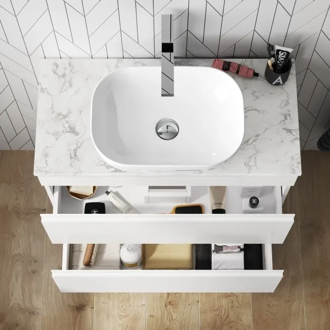Trent Gloss White Vanity Drawer with Marble Top & Curved Counter Top Basin 800mm