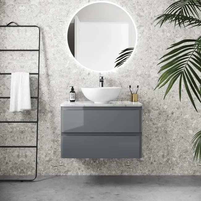 Corsica Storm Grey Wall Hung Drawer Vanity with Marble Top & Round Counter Top Basin 800mm
