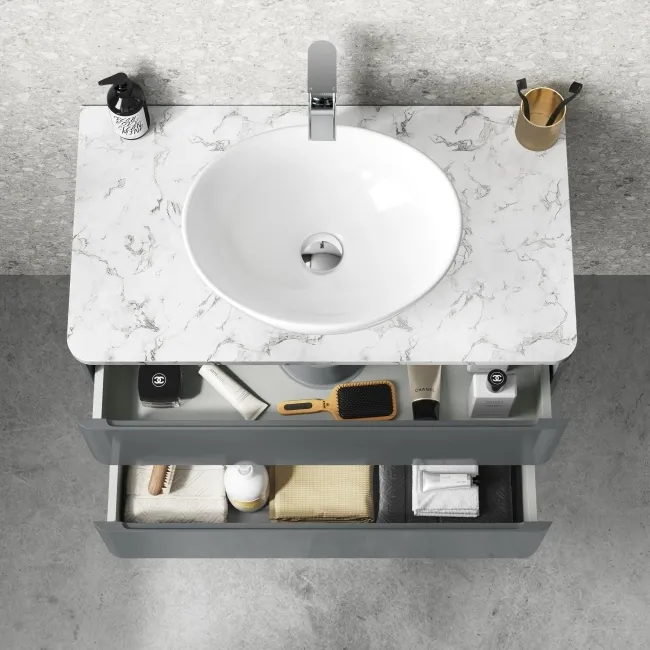 Corsica Storm Grey Wall Hung Drawer Vanity with Marble Top & Oval Counter Top Basin 800mm